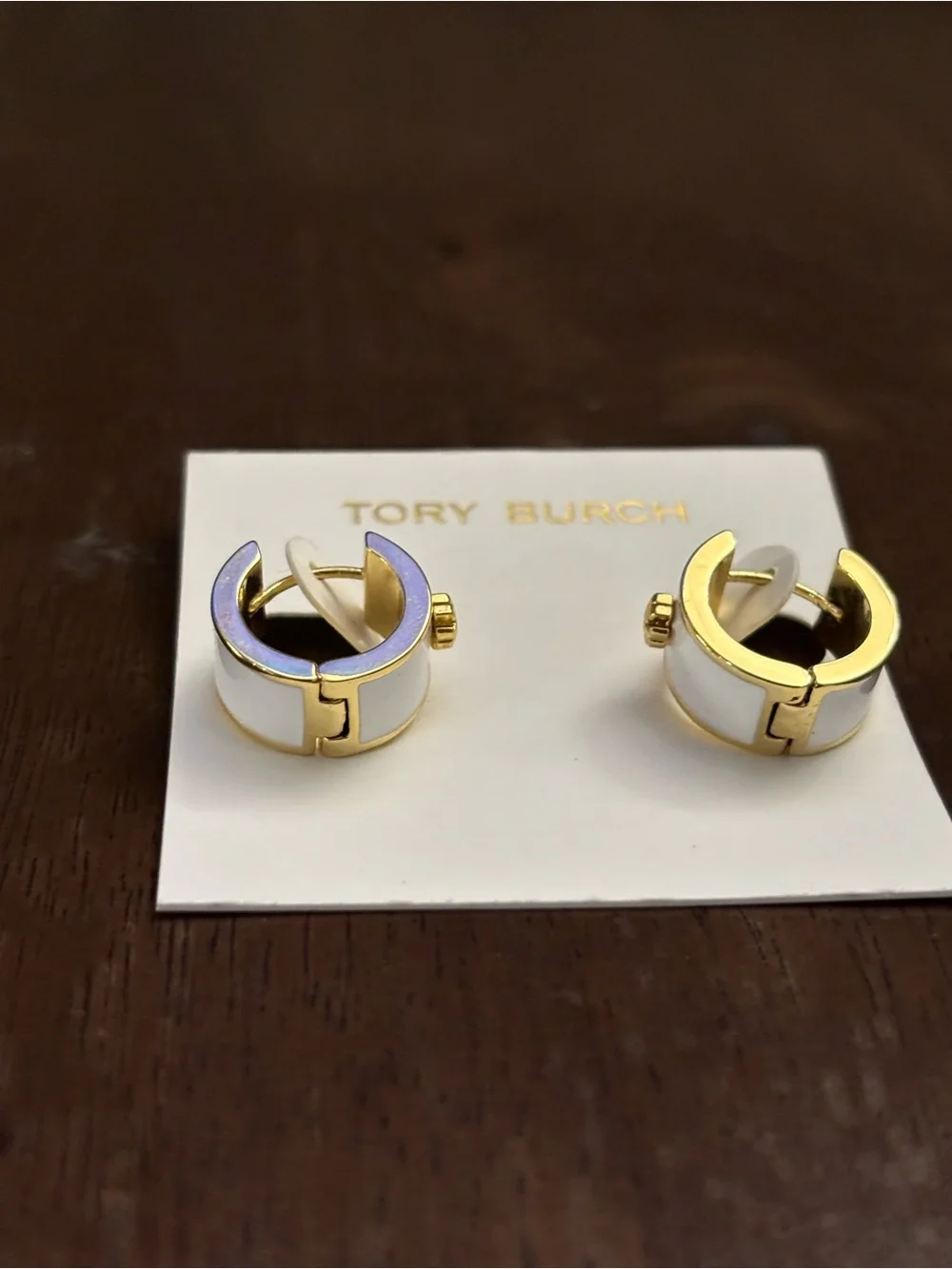 Tory Burch Shiny Gold Mini Hoop Earrings with white enamel brand new